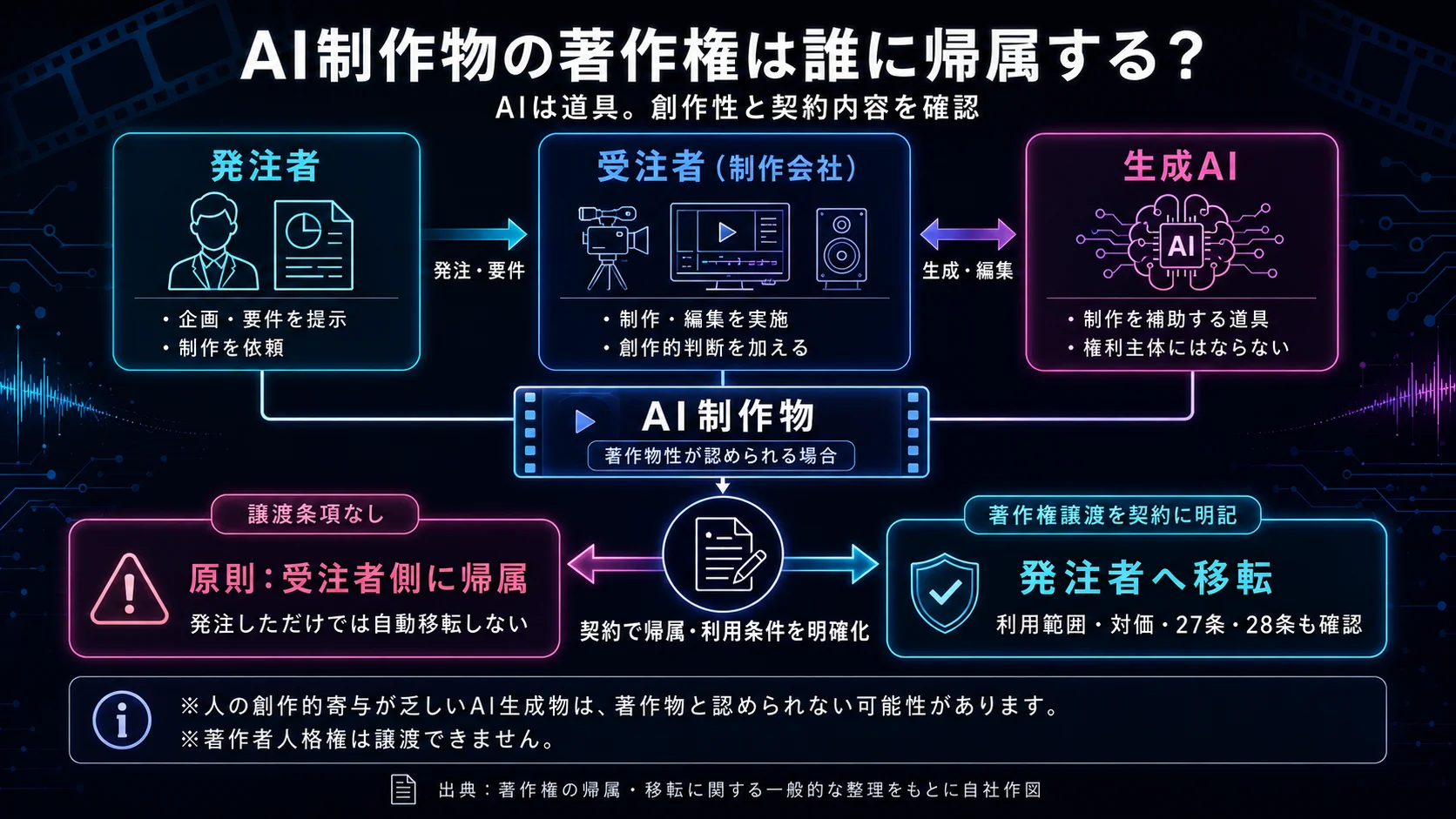 AI制作物の著作権は、契約の定めによって発注者・受注者のどちらに帰属するかが変わる